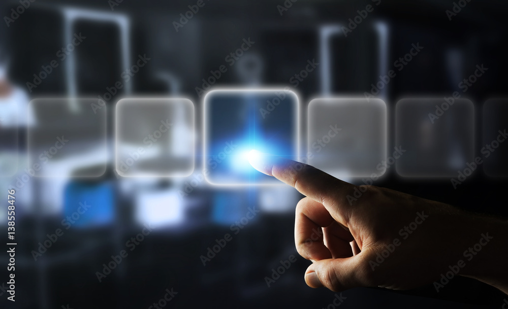 Businessman surfing on internet with digital tactile interface 3D rendering