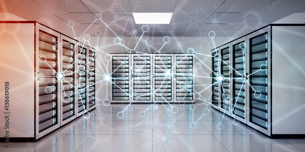 Abstract network on server room data center 3D rendering