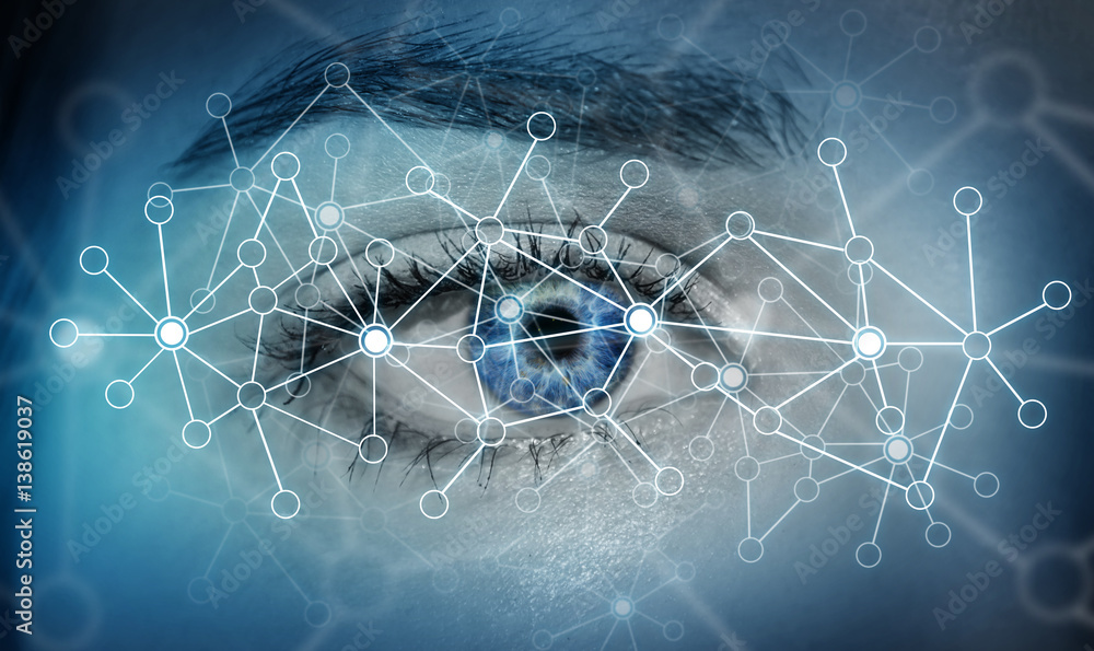 Close-up of woman digital eye network concept 3D rendering