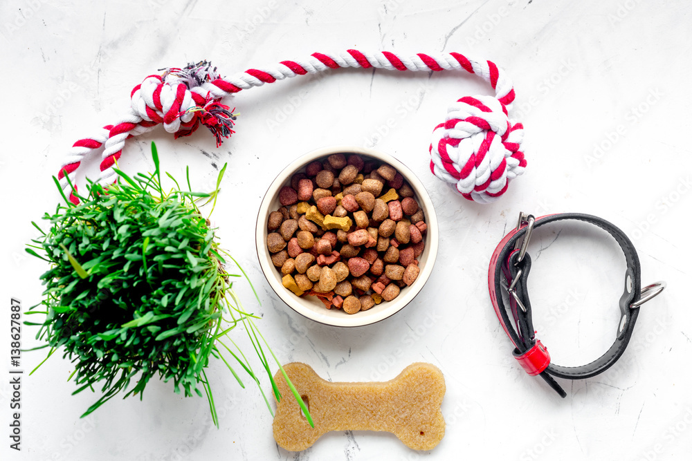 dry dog food in bowl on stone background top view