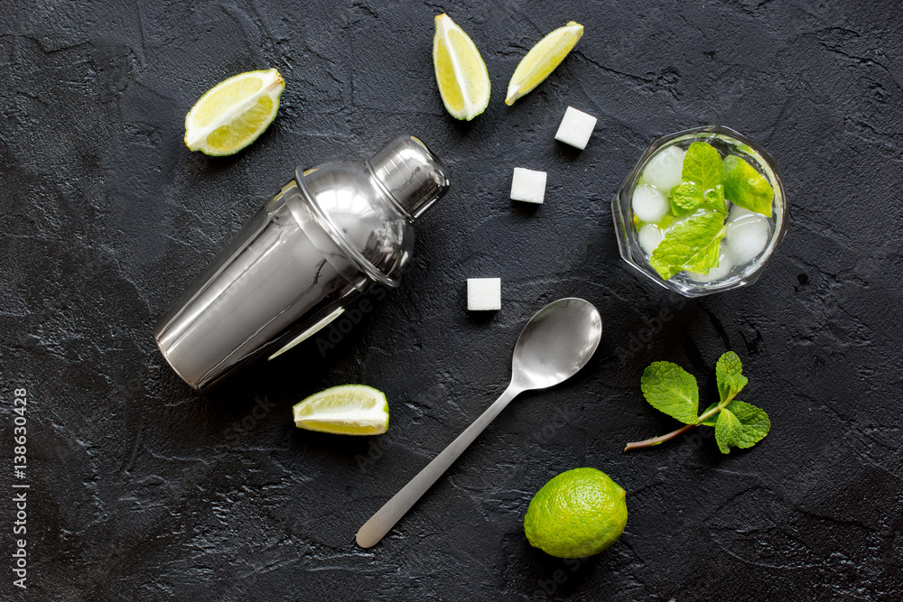 making mojito on dark background top view