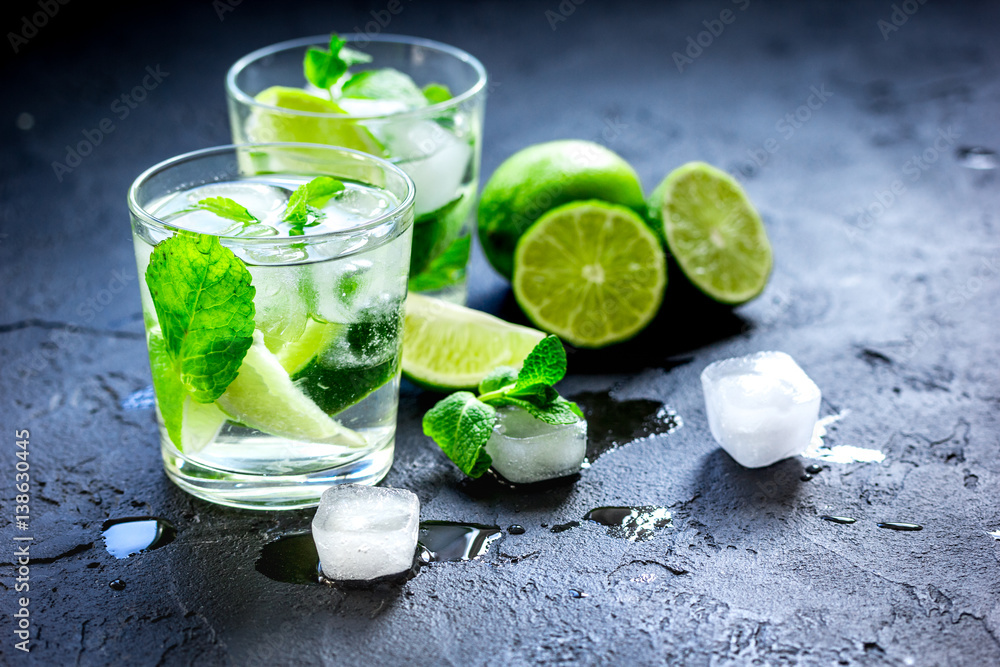 mojito in glass on dark background close up