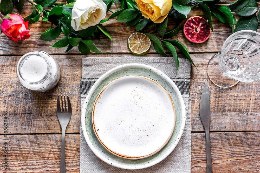 ceramic tableware top view on wooden background mock up