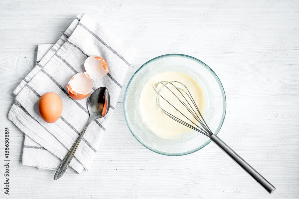 cooking pancake on white background top view ingredients for making