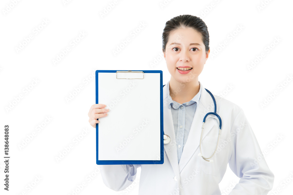 beauty asian doctor display showing blank clipboard