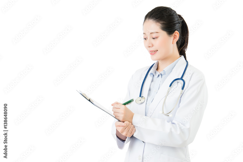 asian doctor holding pen writing medical case on clipboard