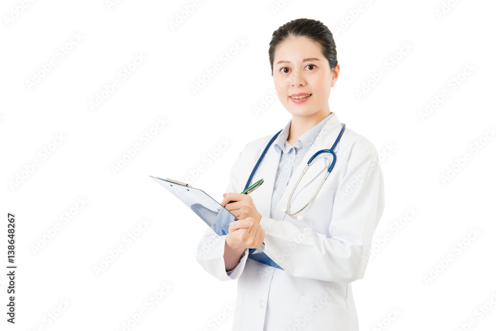 asian doctor holding pen writing medical case on clipboard