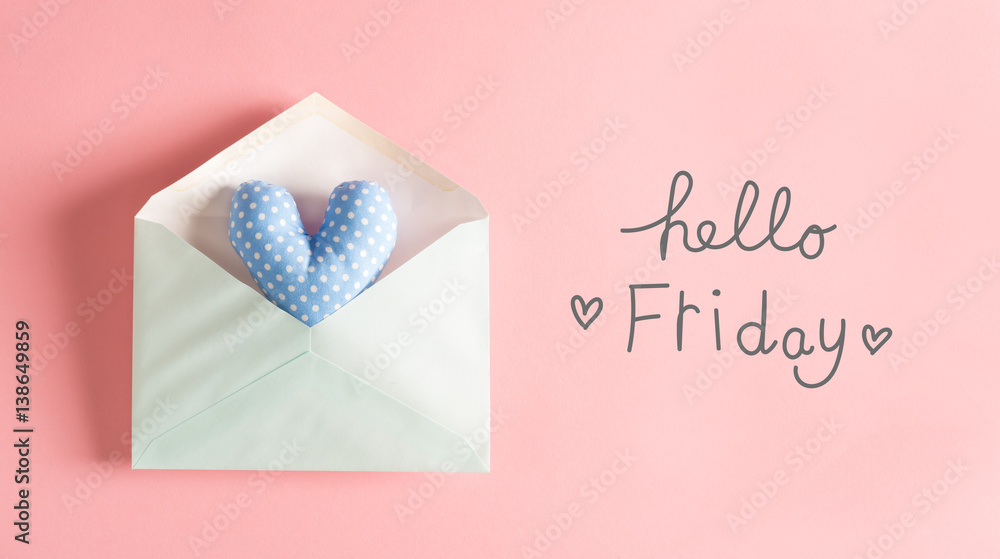 Hello Friday message with a blue heart cushion