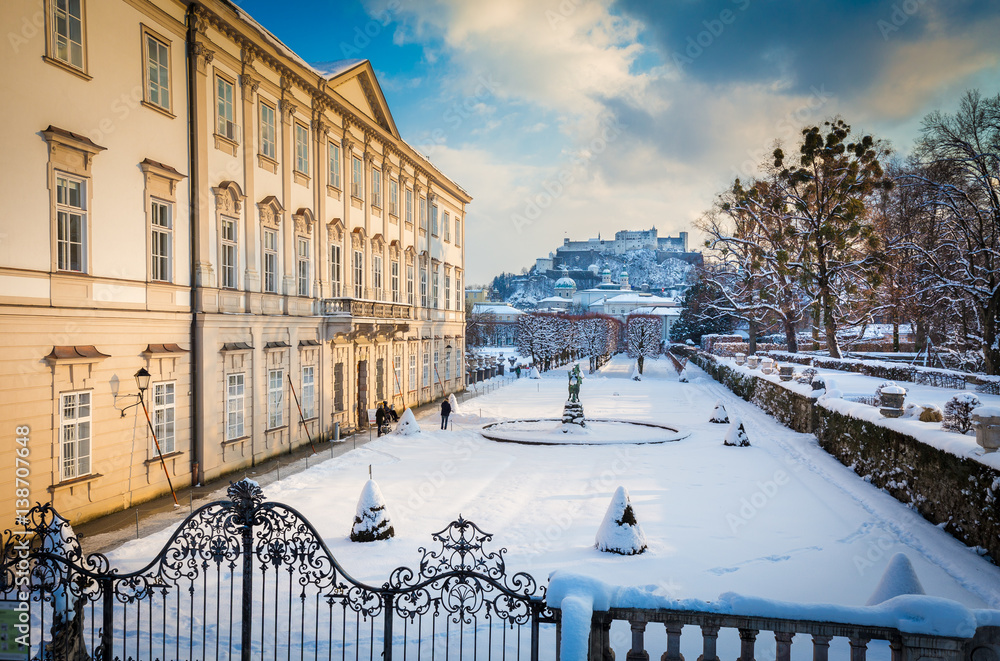 Salzburg Mirabell Gardens with Hohensalzburg Fortress in winter, Austria