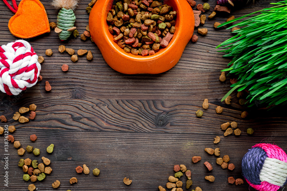 dry cat food in bowl on wooden background top view