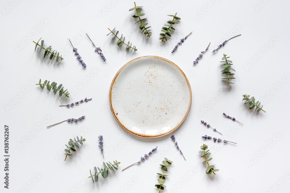 Trendy design with plate, eucalyptus and lavander top view mock up