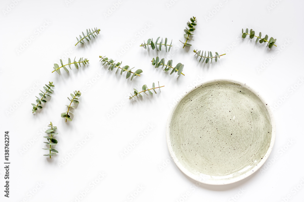 woman breakfast mockup with lavander and eucalyptus on white table top view