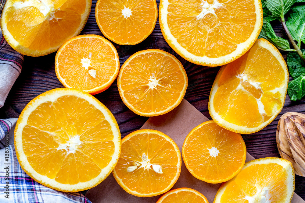 Orange juice making from fruit and mint on kitchen table top view