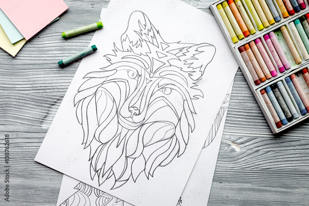 coloring picture for adults on wooden background top view