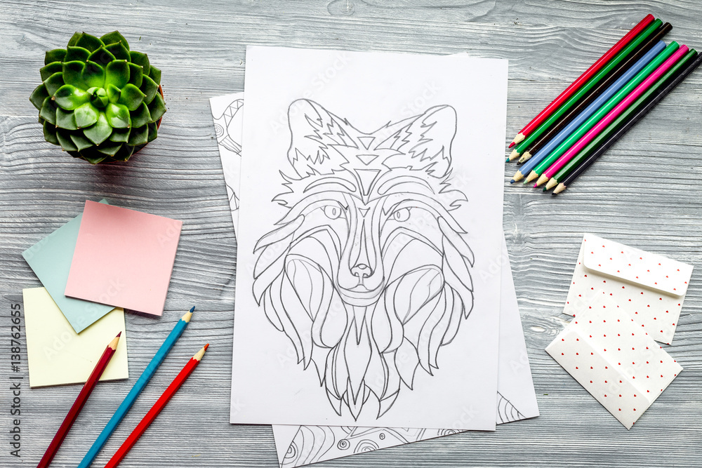 coloring picture for adults on wooden background top view