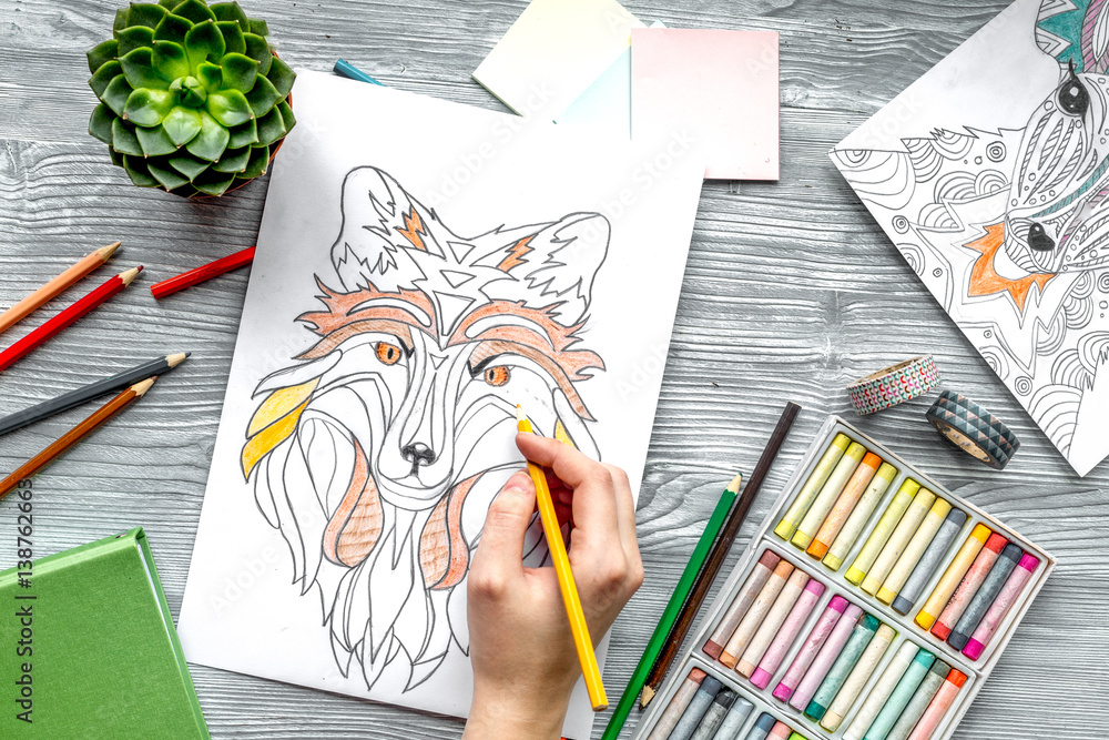 coloring picture for adults on wooden background top view