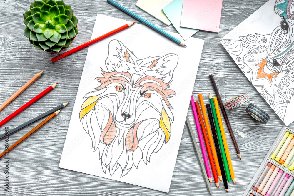 coloring picture for adults on wooden background top view