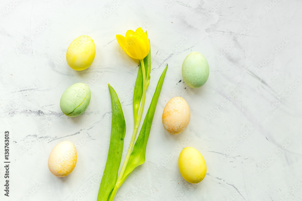 Easter concept eggs with tulip top view pattern