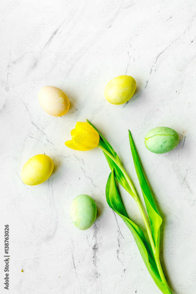 Easter concept eggs with tulip top view pattern