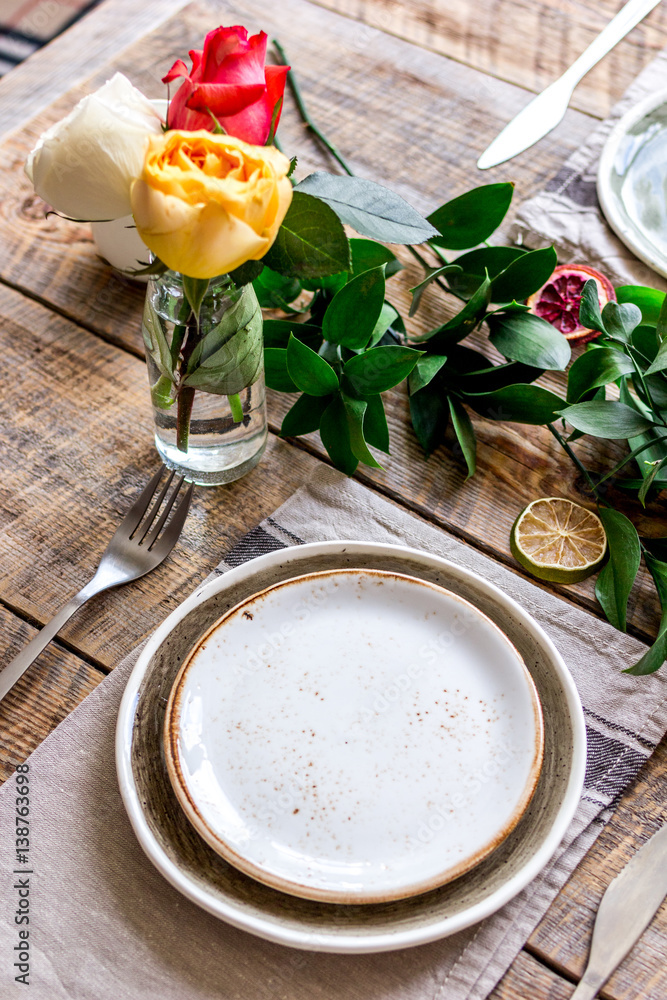 ceramic tableware top view on wooden background mock up