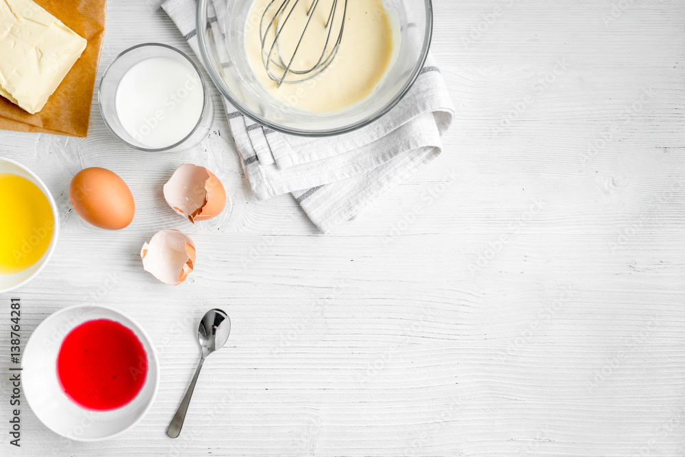 cooking pancake on white background top view ingredients for making