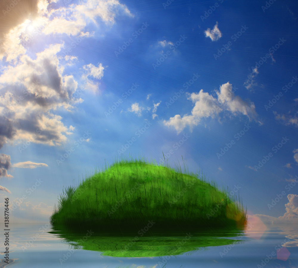 green island, covered in grass, in the middle of the ocean