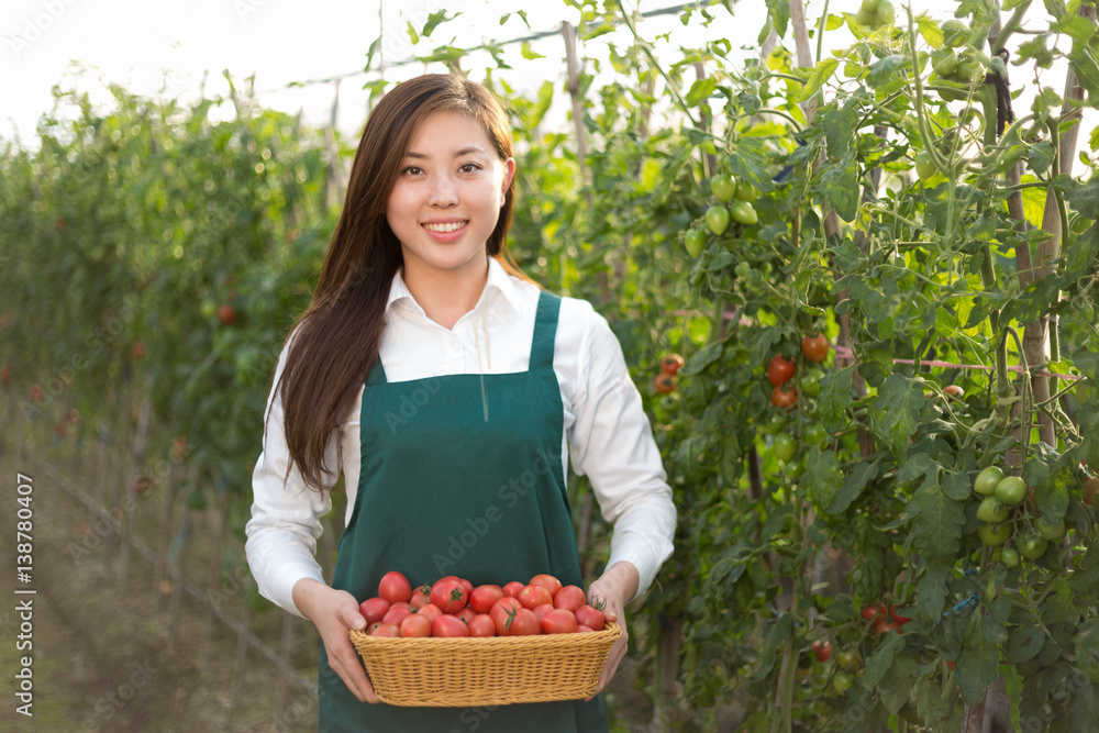 young beautiful asian woman works in green field