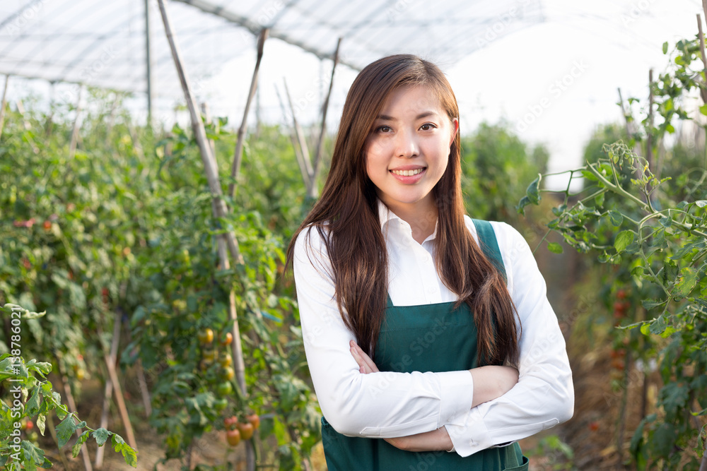 young beautiful asian woman works in green field