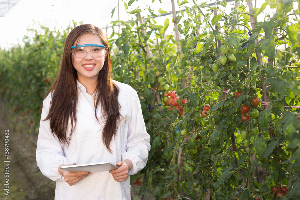 young beautiful asian woman works in green field