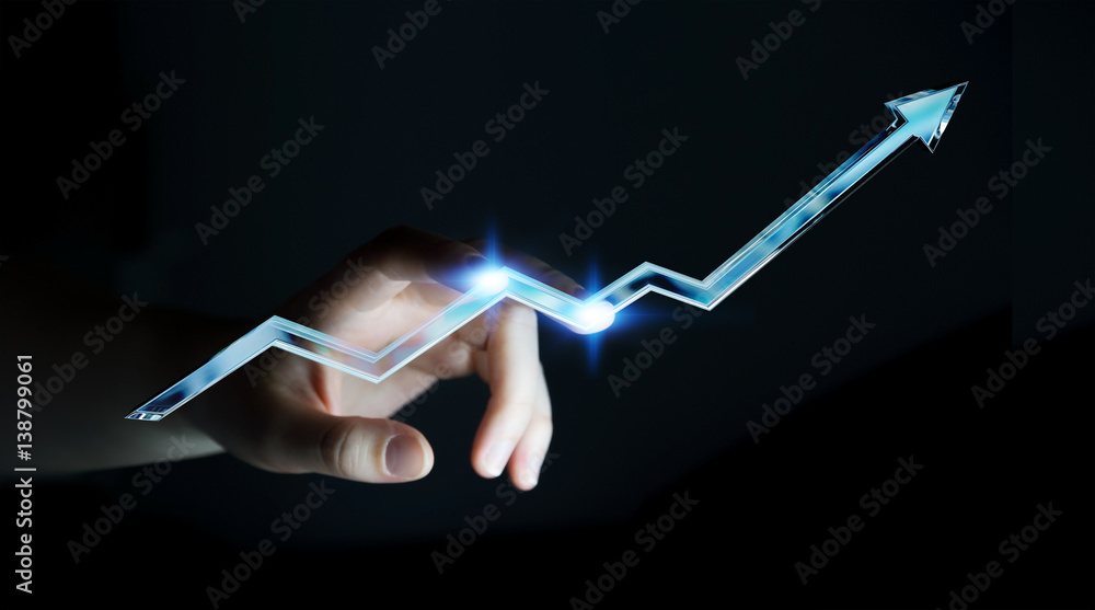 Businesswoman touching digital blue arrow 3D rendering