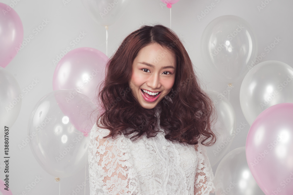 Asian beauty fashion woman with pastel balloons