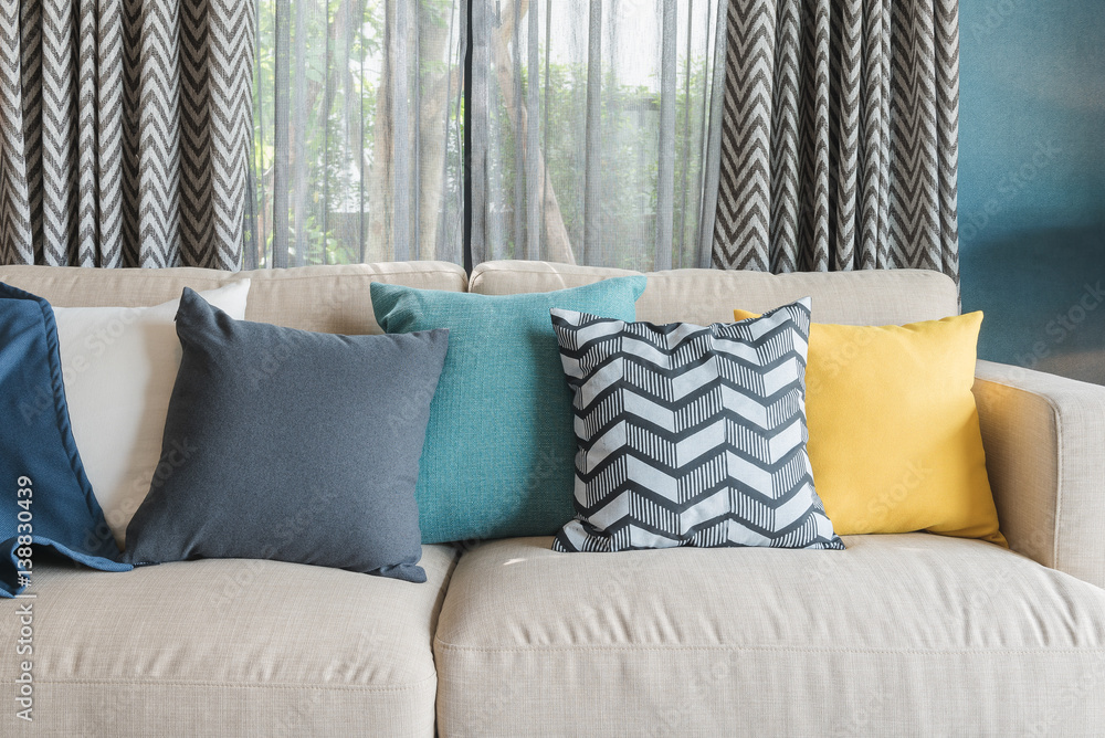 colorful pillows on modern sofa