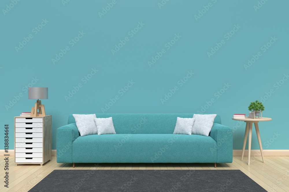 Modern interior of living room with sofa on wood flooring and blue wall, 3D rendering