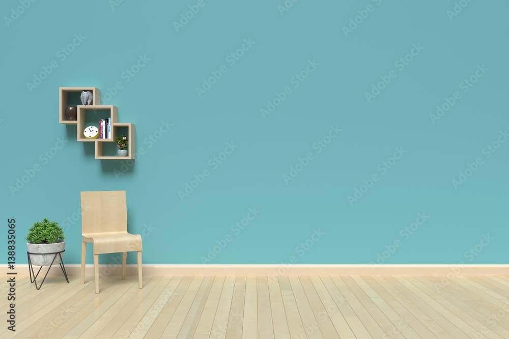 Living room Bookshelf on the wall with books and clock,3D rendering