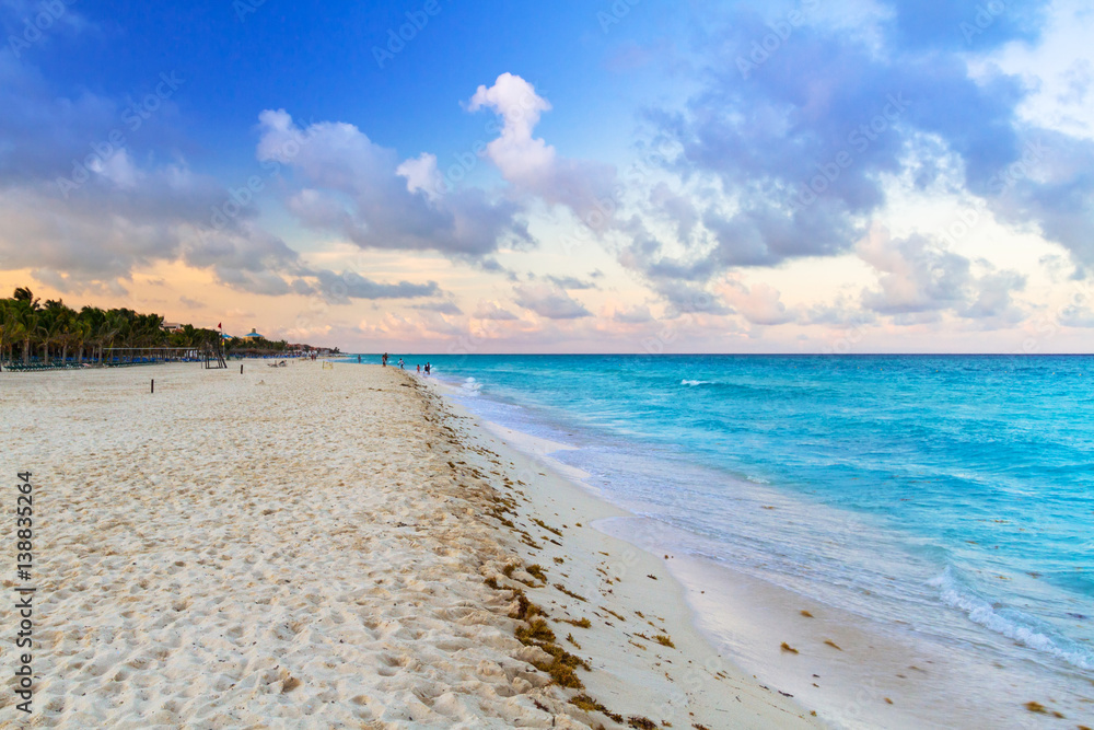 Sunrise on the beach of Playa del Carmen at caribbean sea, Mexico