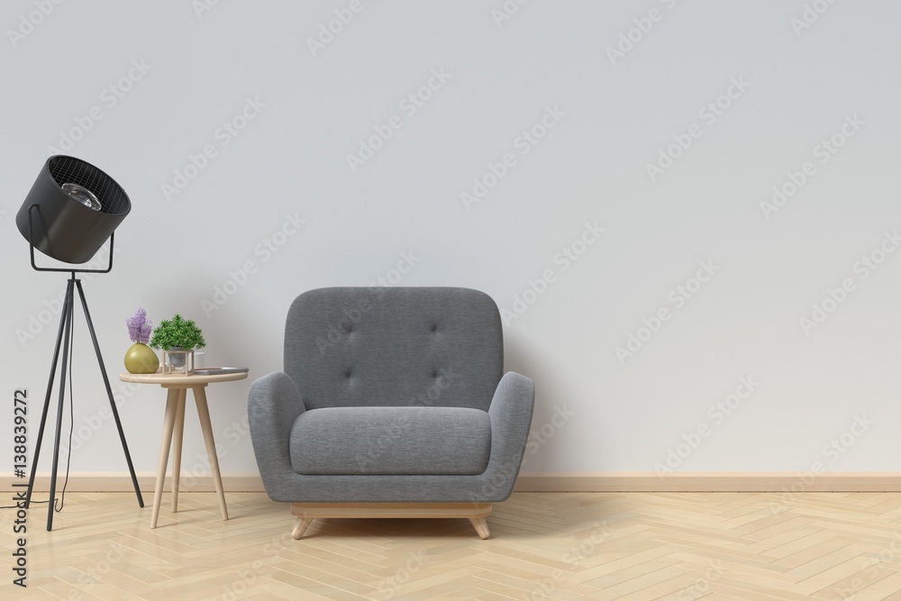 The interior has a Armchair and lamp on empty blue wall background,3D rendering