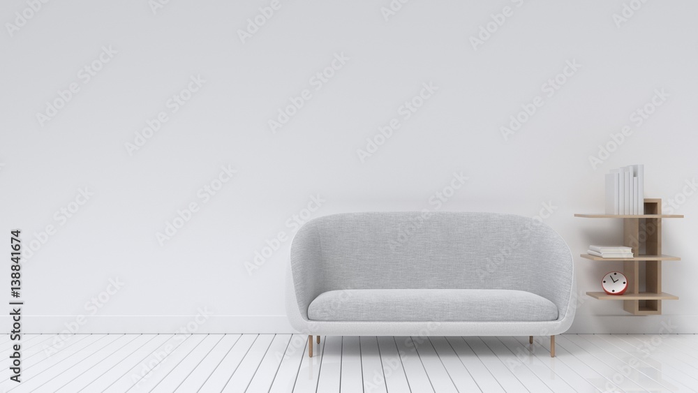 Living room with sofa with white wall,3D rendering