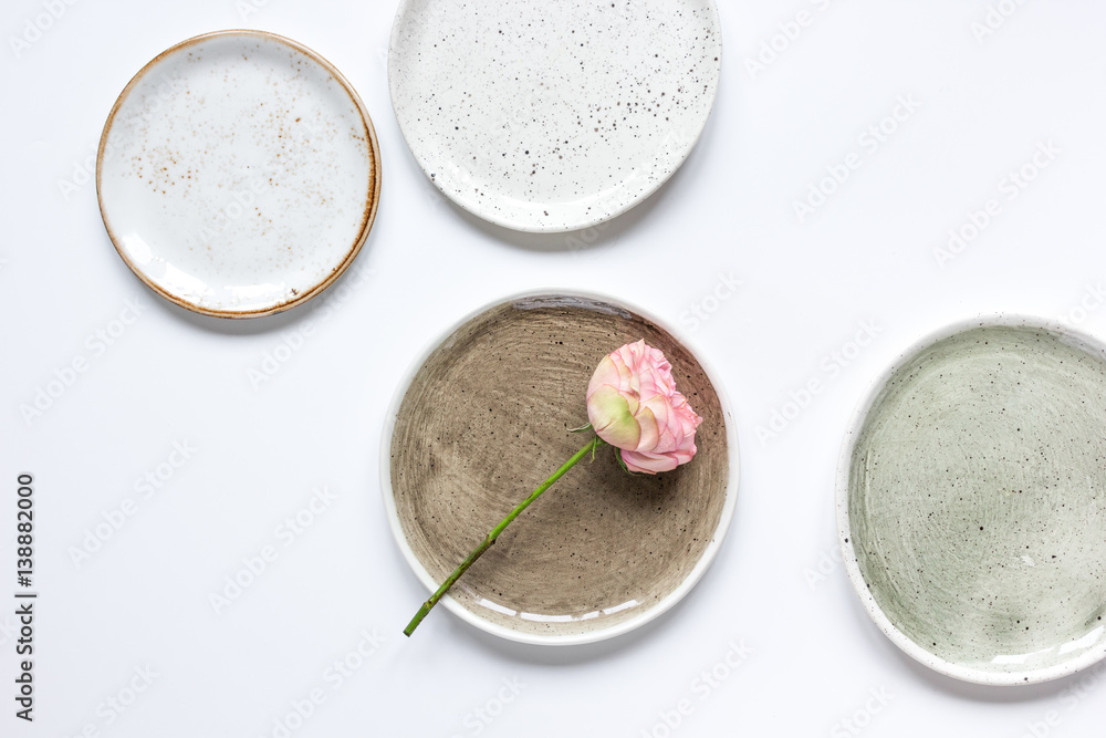 ceramic tableware top view on white background mock up