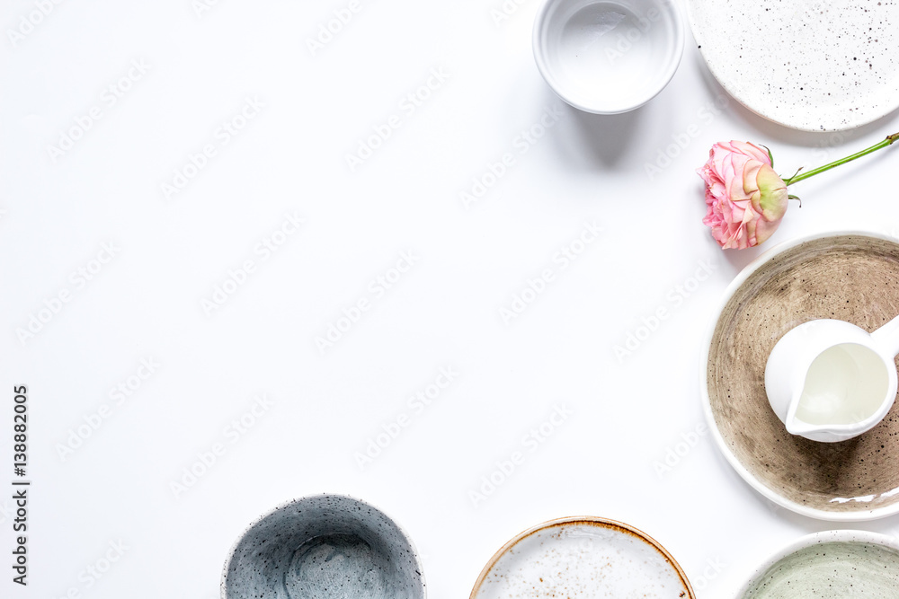 ceramic tableware top view on white background mock up