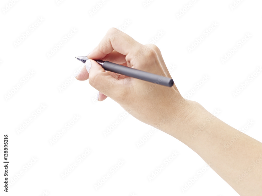 females hand holding a pen