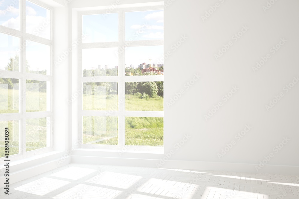 White empty room with green landscape in window. Scandinavian interior design