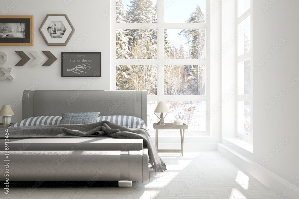 White bedroom with winter landscape in window. Scandinavian interior design