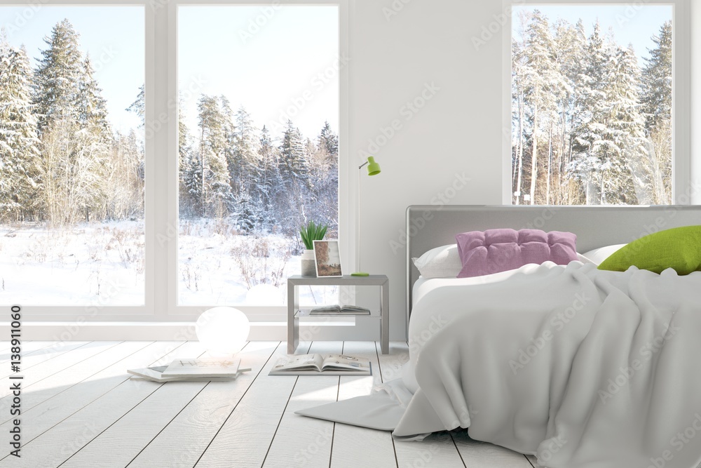 White bedroom room with winter landscape in window. Scandinavian interior design