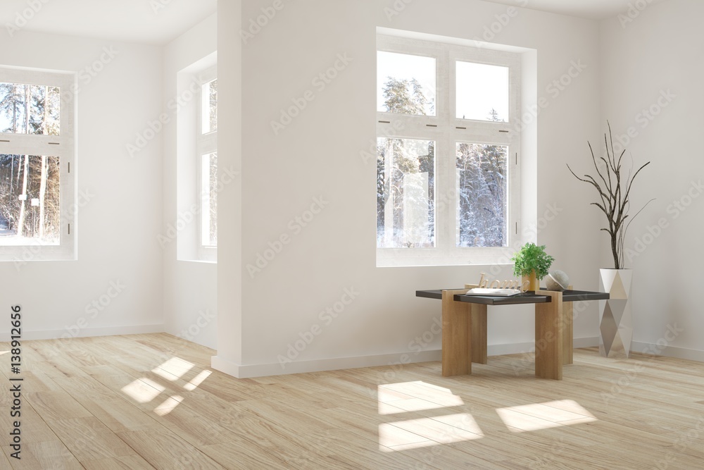 White empty room with table and winter landscape in window. Scandinavian interior design