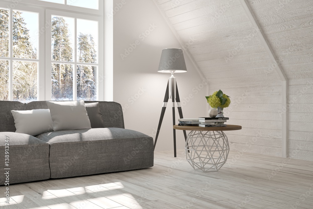 White modern room with sofa and winter landscape in window. Scandinavian interior design