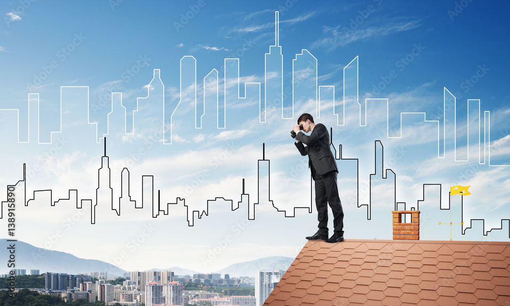 Businessman standing on roof and looking in binoculars. Mixed media