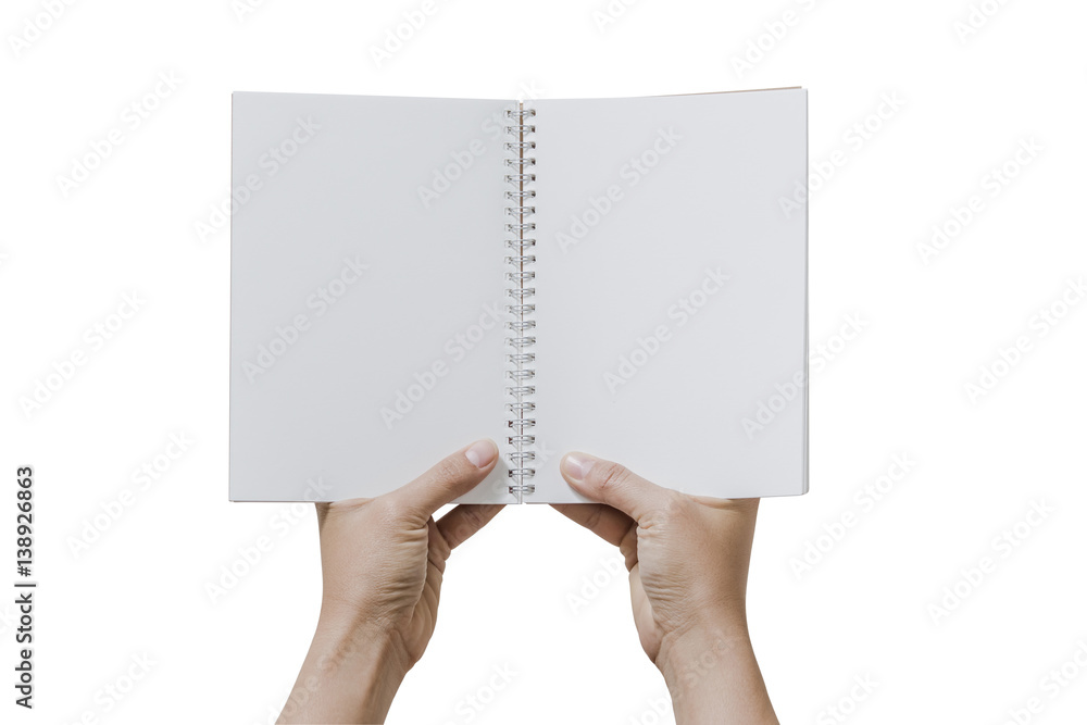 Close up two hand holding blank white note book on white background. File contains a clipping path.