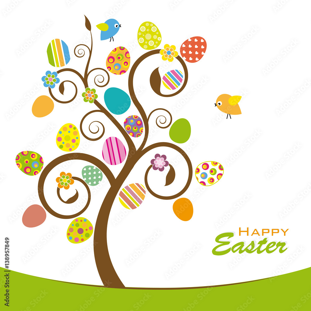 Easter tree. Colorful tree with easter eggs, flowers and birds