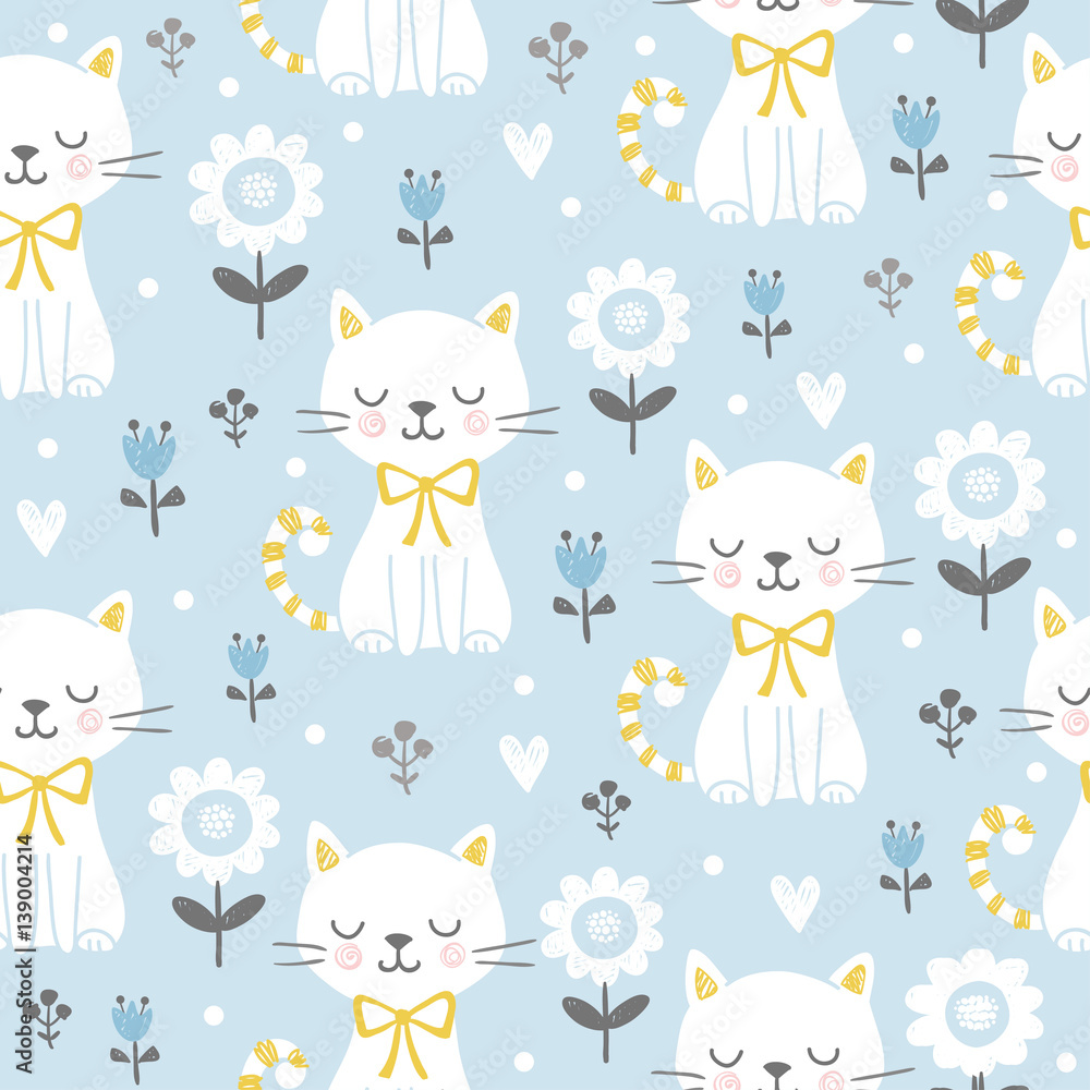 Seamless pattern with cute cats. Vector illustration with white kittens and flowers on color backgro