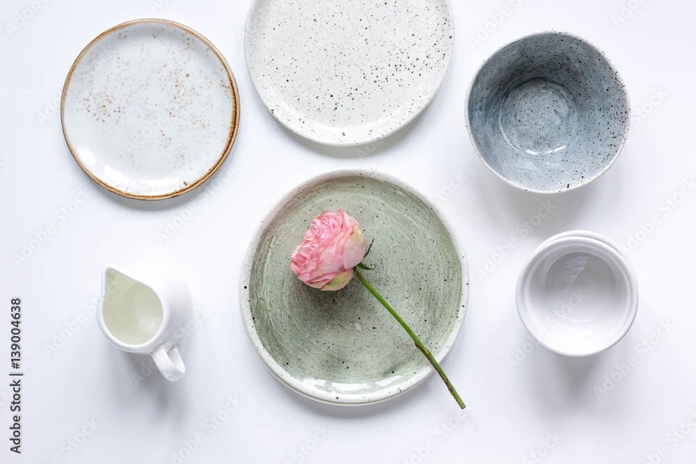 ceramic tableware top view on white background mock up